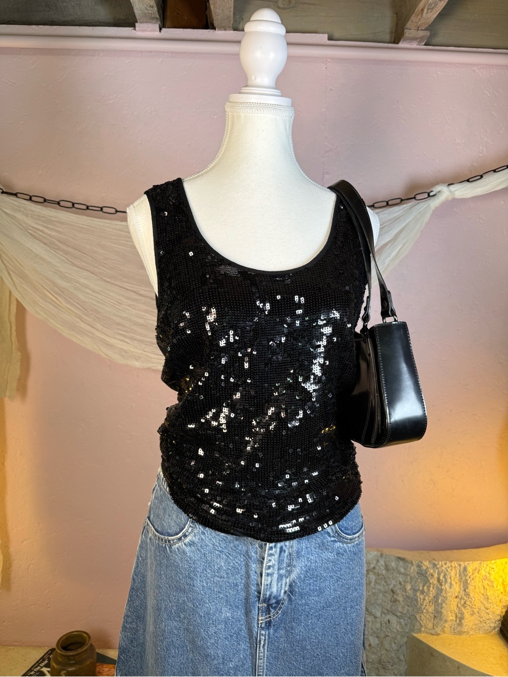 Y2K Black Sequin Tank Top Size XL